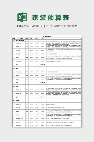 简单大方精美家装预算表Excel