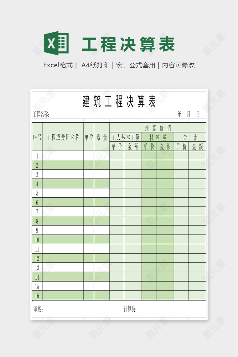 绿色小清新简单精美工程决算表Excel