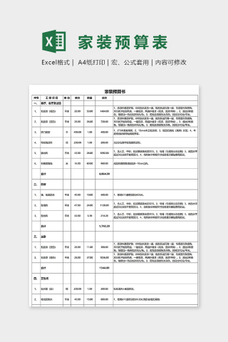 专业实用新版家装预算书excel模板