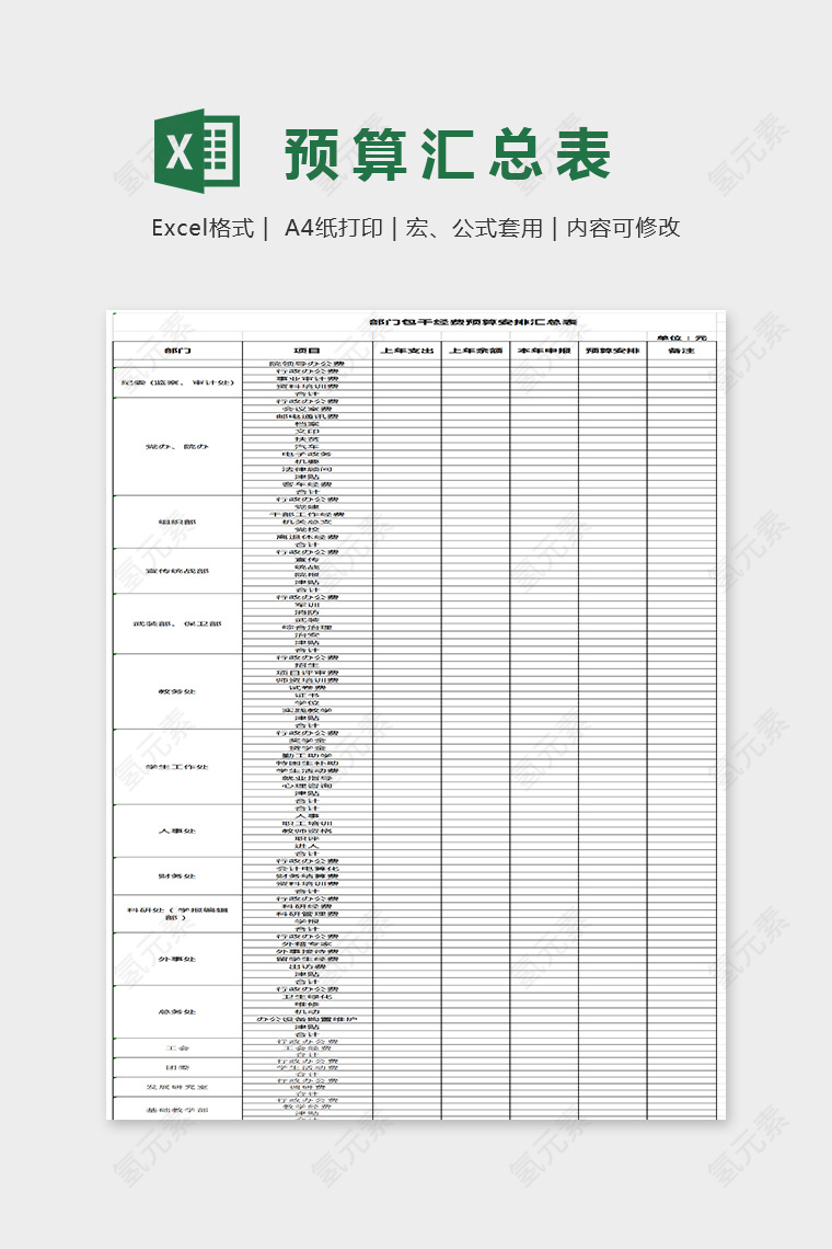 简单通用大方预算汇总表Excel