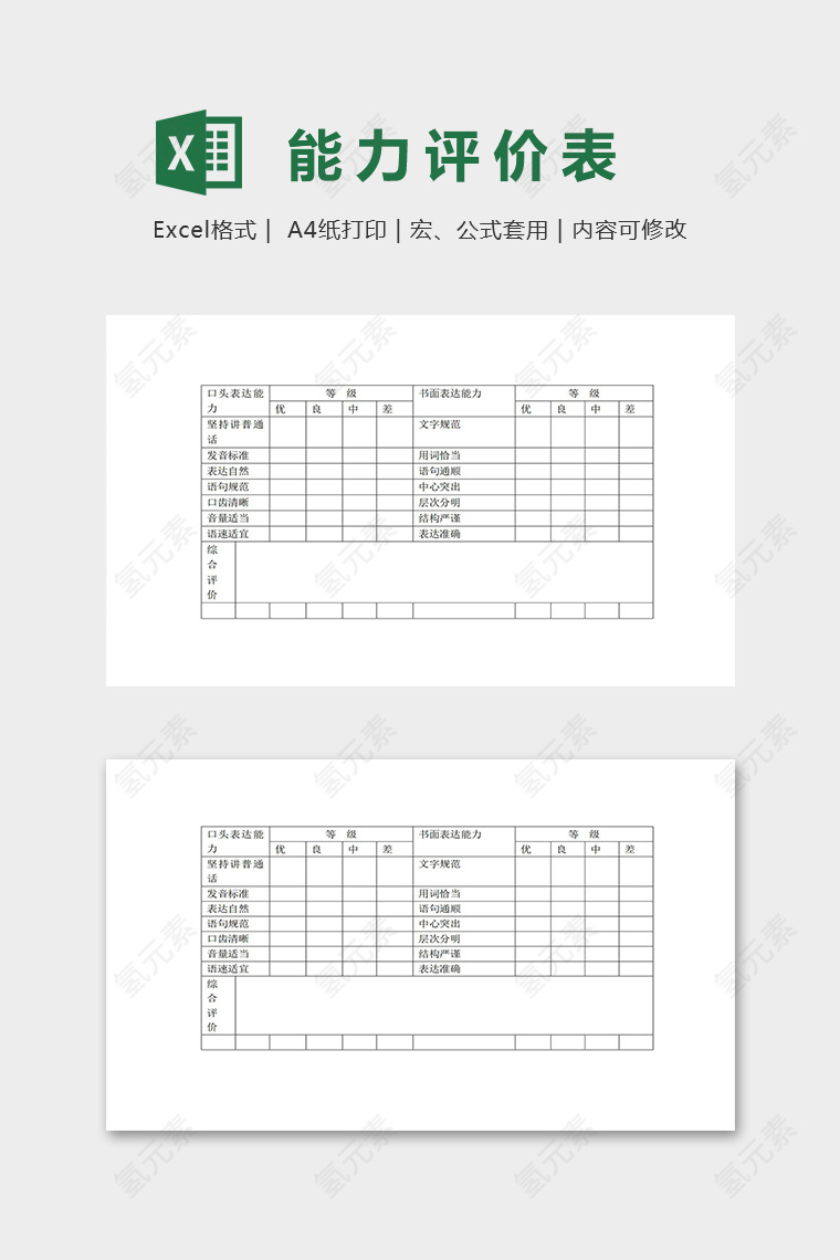 专业幼儿教师语言表达能力评价表excel模板