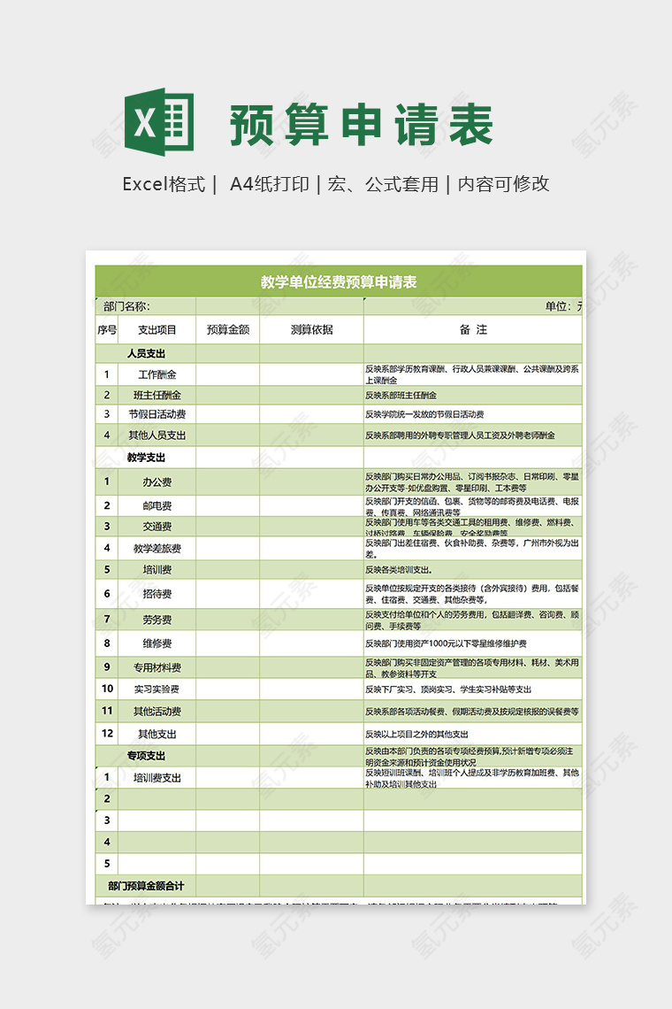 教学单位经费预算申请表excel模板