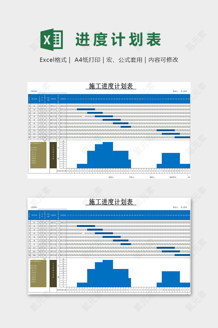 蓝色高级专业施工进度计划表excel模板