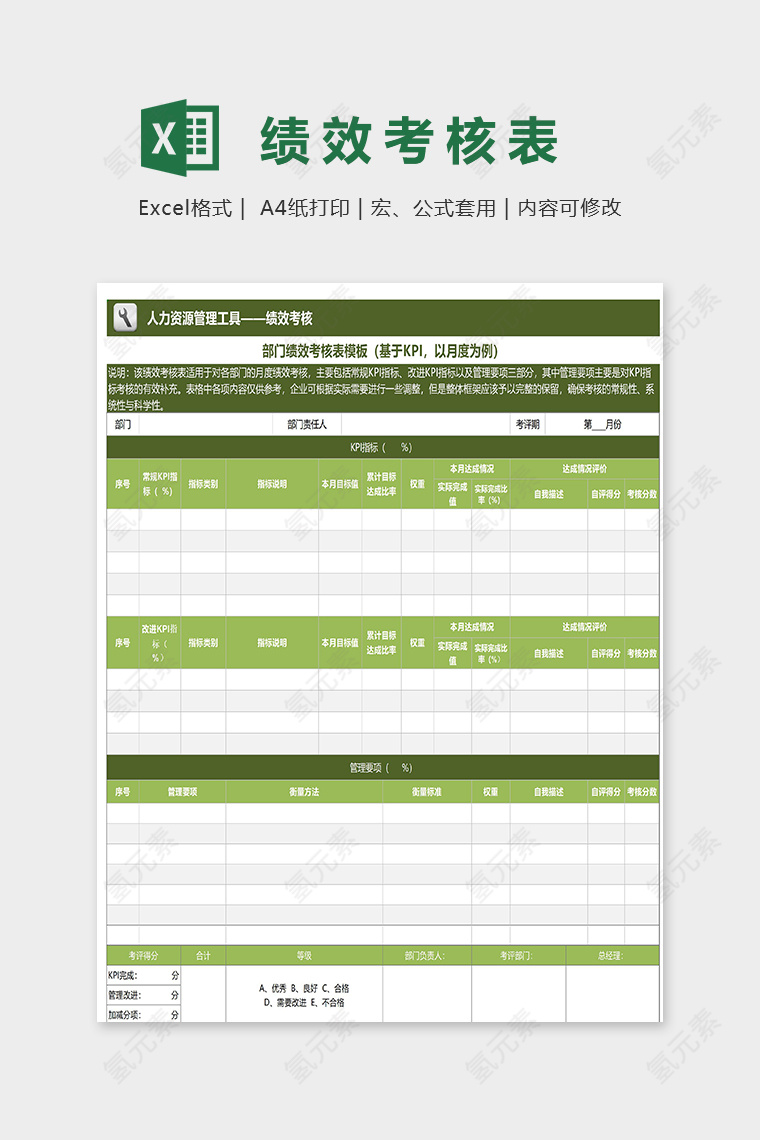 人力资源管理工具绩效考核excel模板