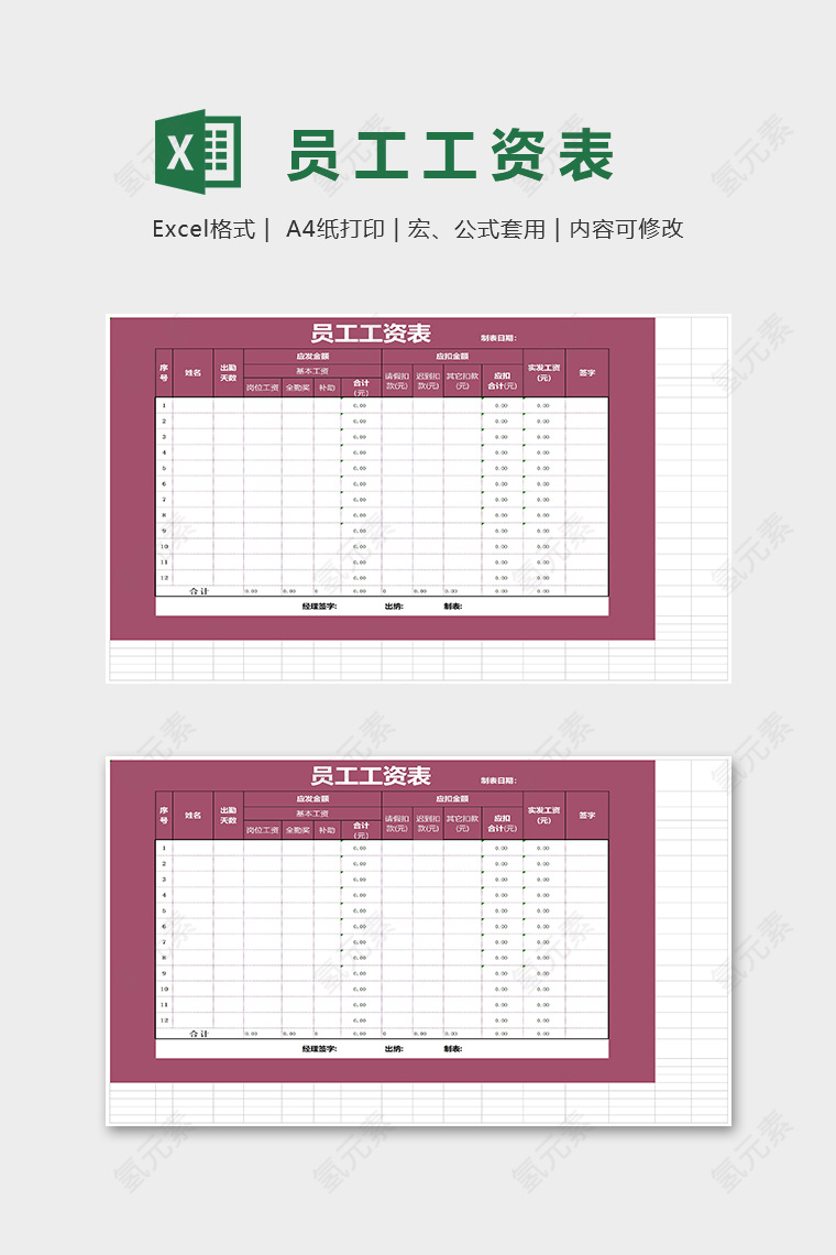 红色大方员工工资表Excel表格模板