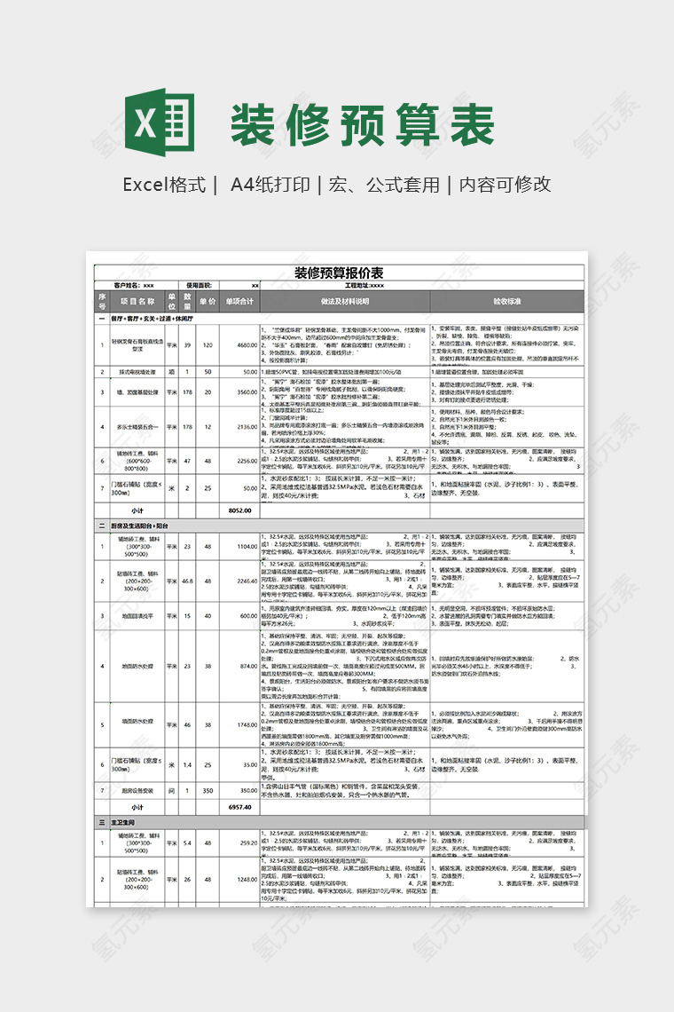 专业高端装修预算报价表excel模板