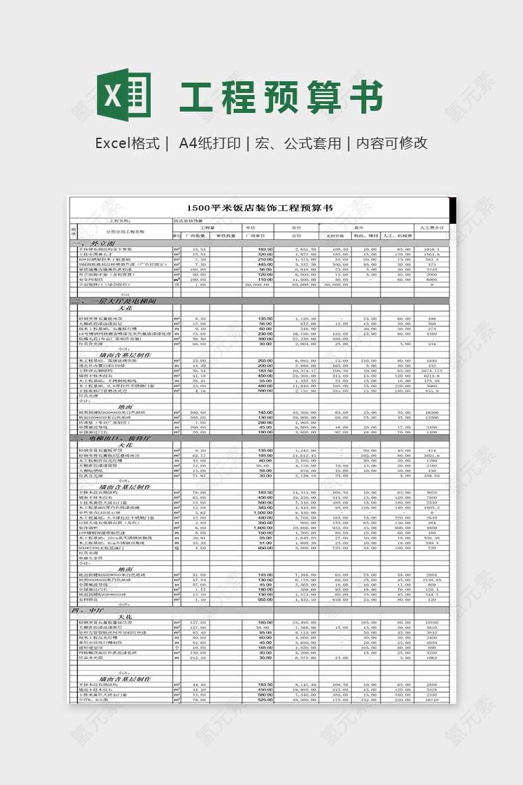 简单精美大方工程预算表Excle