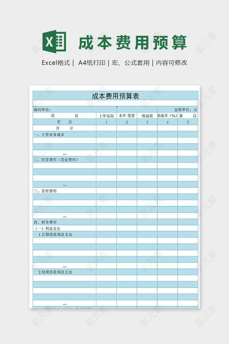 项目年度成本费用预算表格excel模板