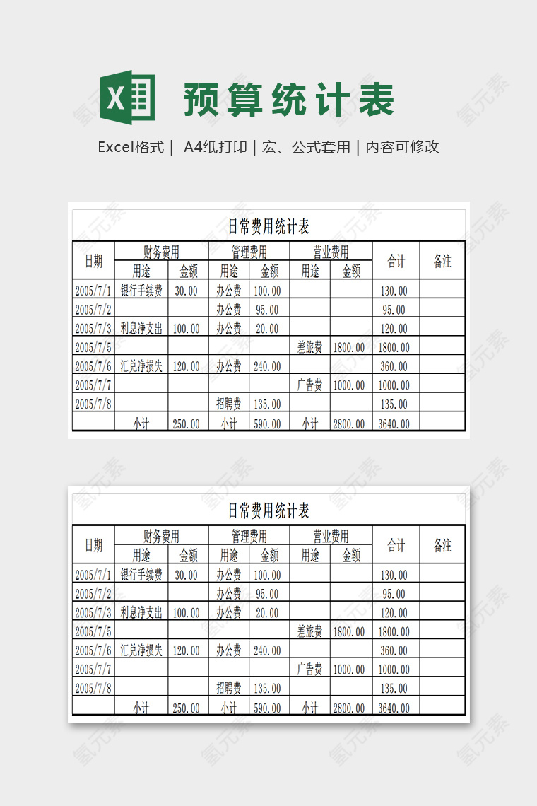 简单大方精美日常预算统计表Excel