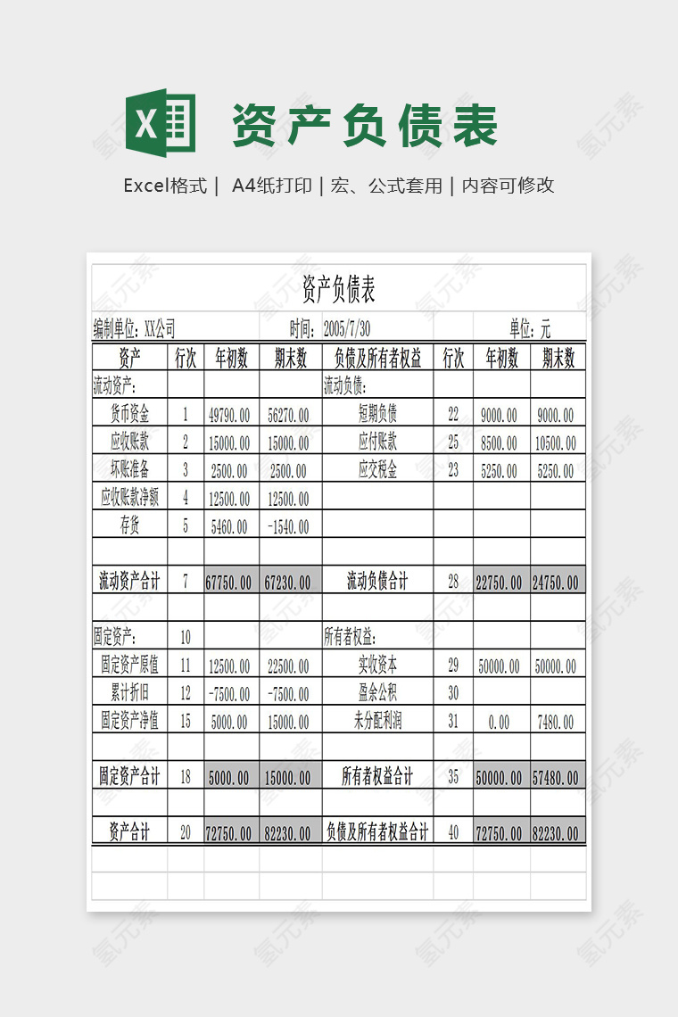 简单大方资产负债表Excel