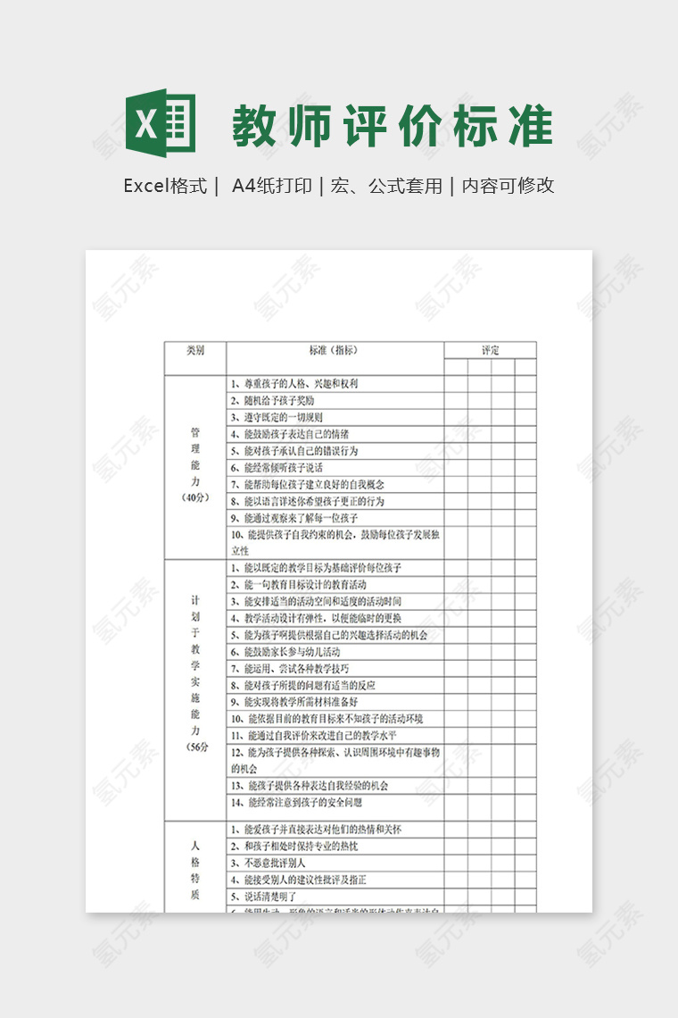 专业幼儿园幼儿教师评价标准excel模板