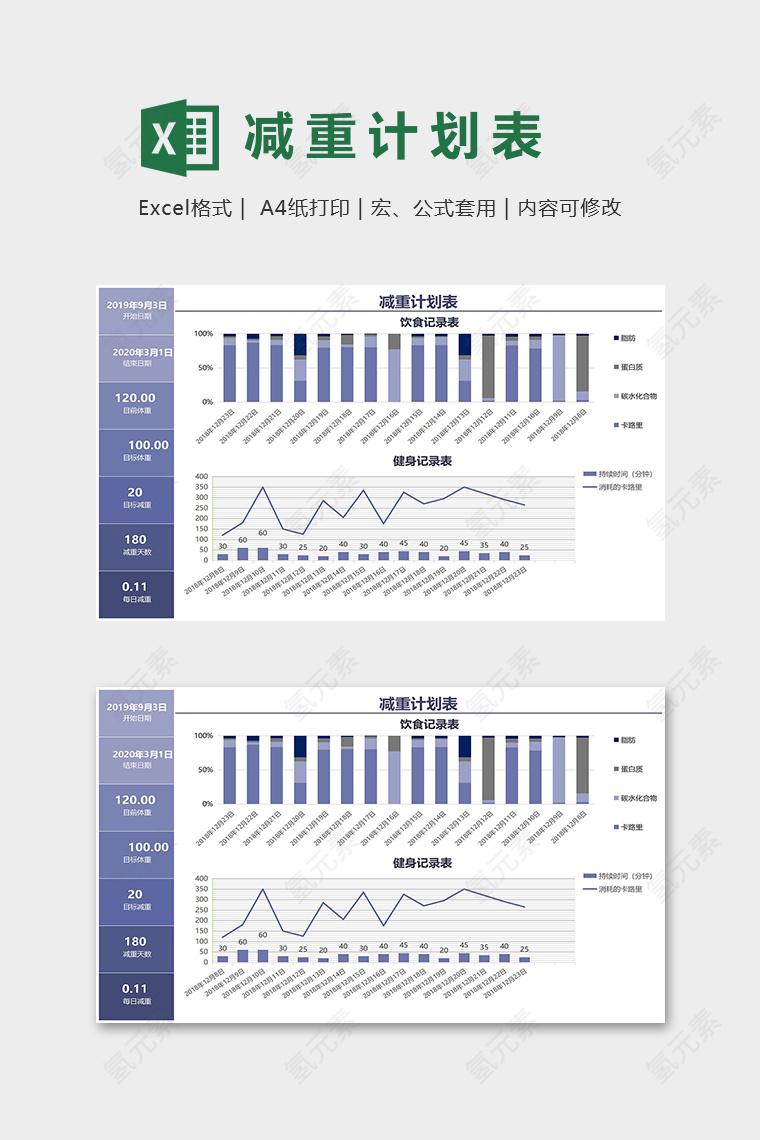 年度减重计划表健身记录表excel模版