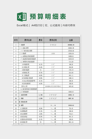 工程造价费用统计预算明细表