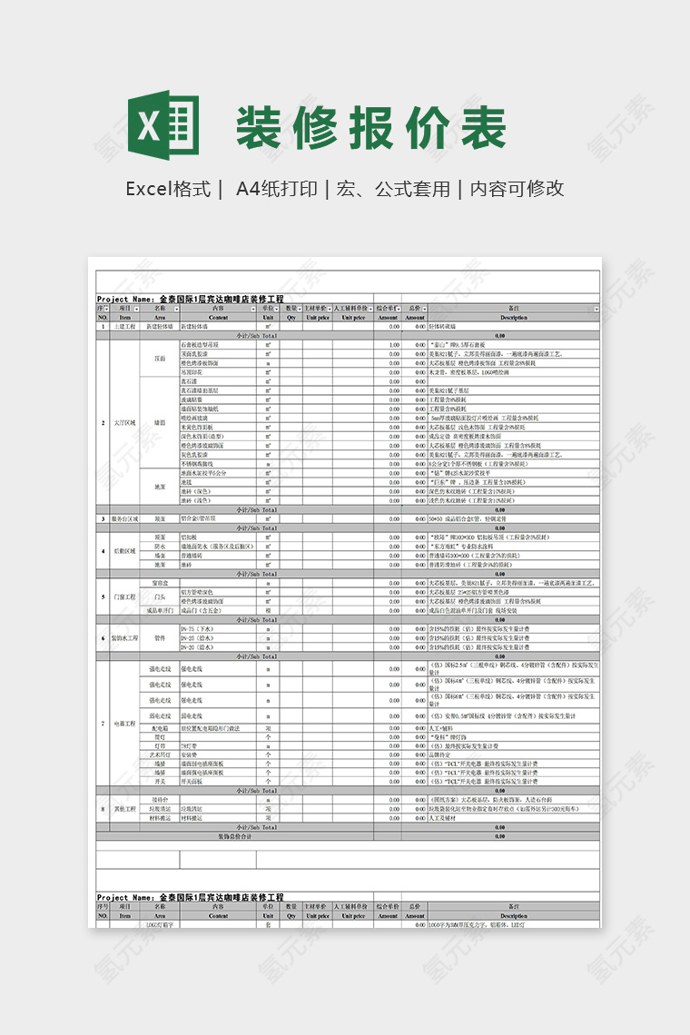 宾达咖啡店装修分区报价模版