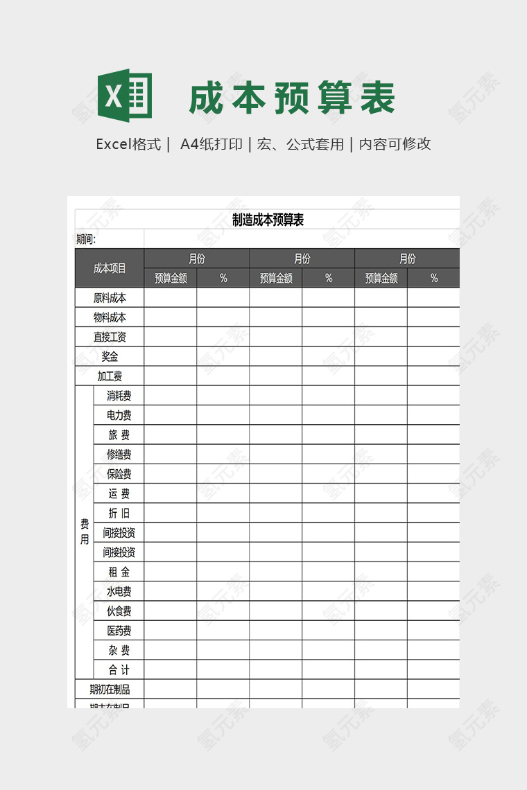 制造成本预算表格模版