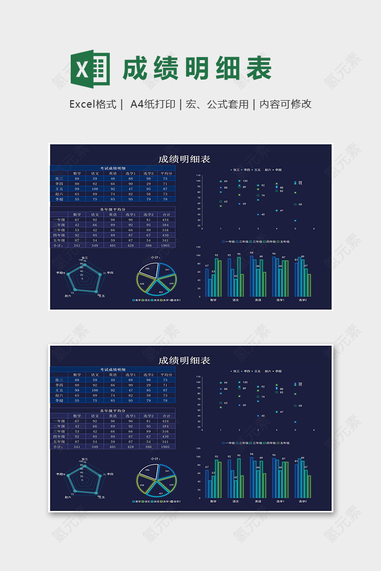 学校专用学生成绩明细表科技风excel模版