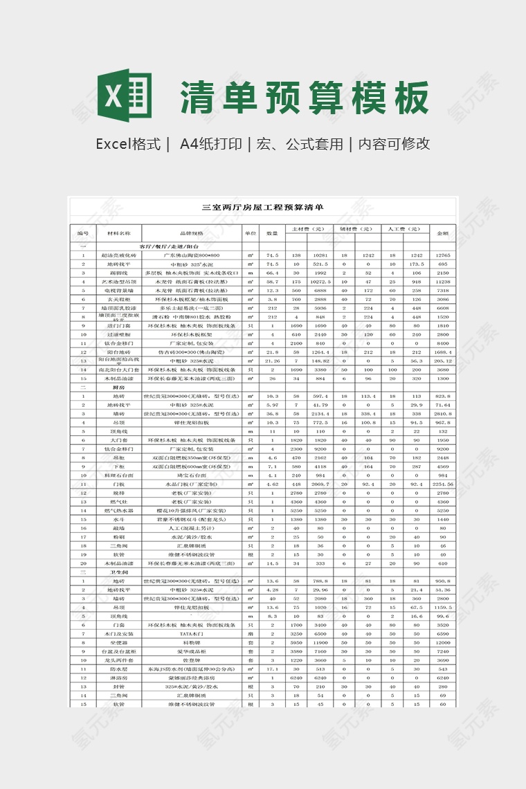 三室两厅房屋装修材料清单Excel