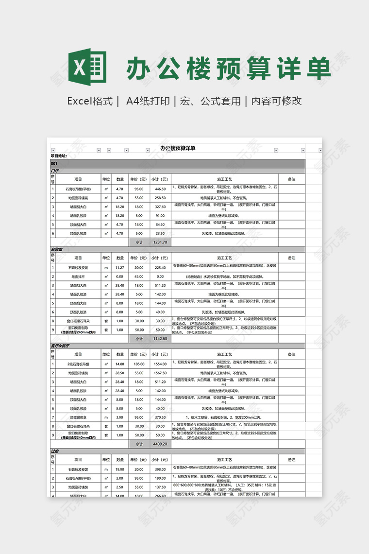 办公楼预算详细表单excel模板