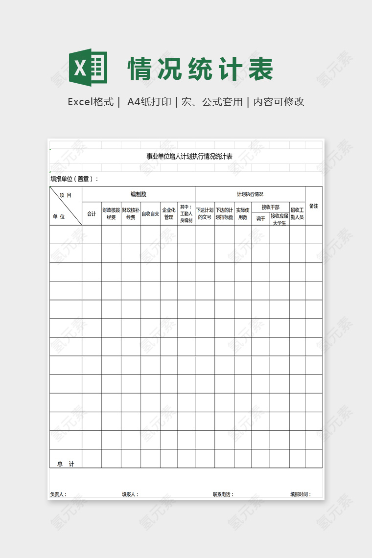 事业单位增人计划执行情况统计表格Excel