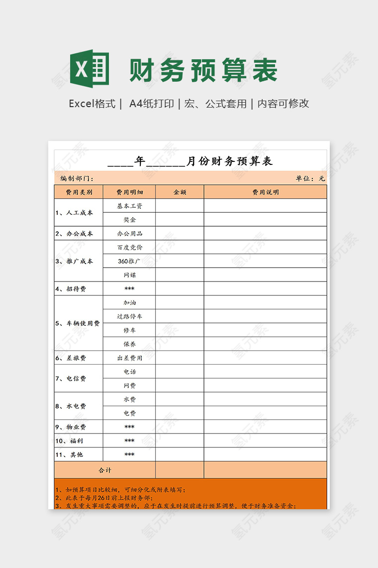 月度部门单位财务预算表excel模板