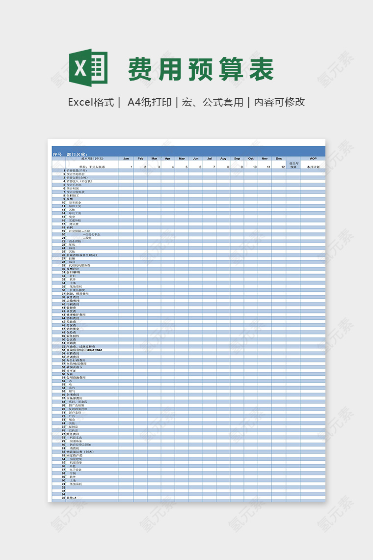 专业公司部门费用表excel模板