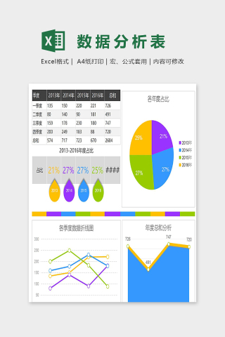 淡雅彩色各年按季度数据分析表excel模板