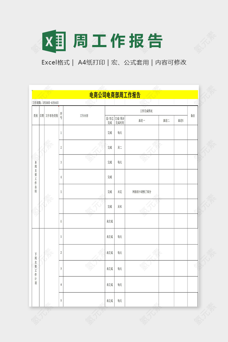 电商公司员工周工作拿报告模板excel模板