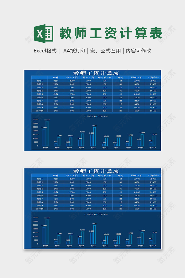 科技风教师工资计算表格excel模版