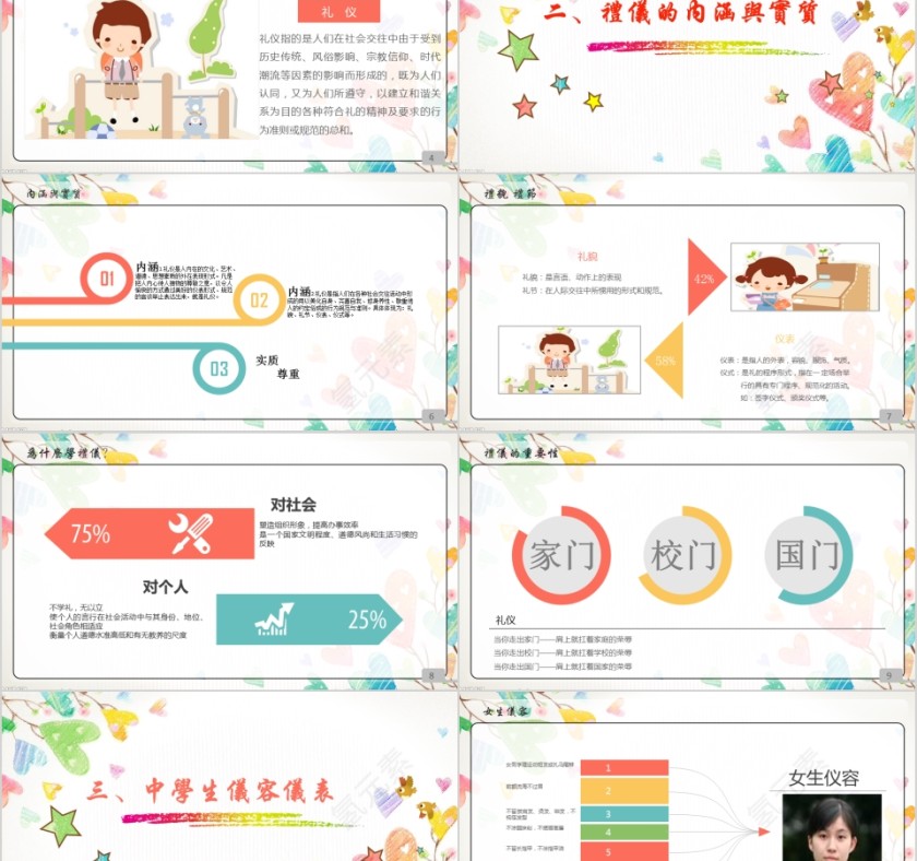 小清新多彩风格文明礼仪伴我行模板第2张