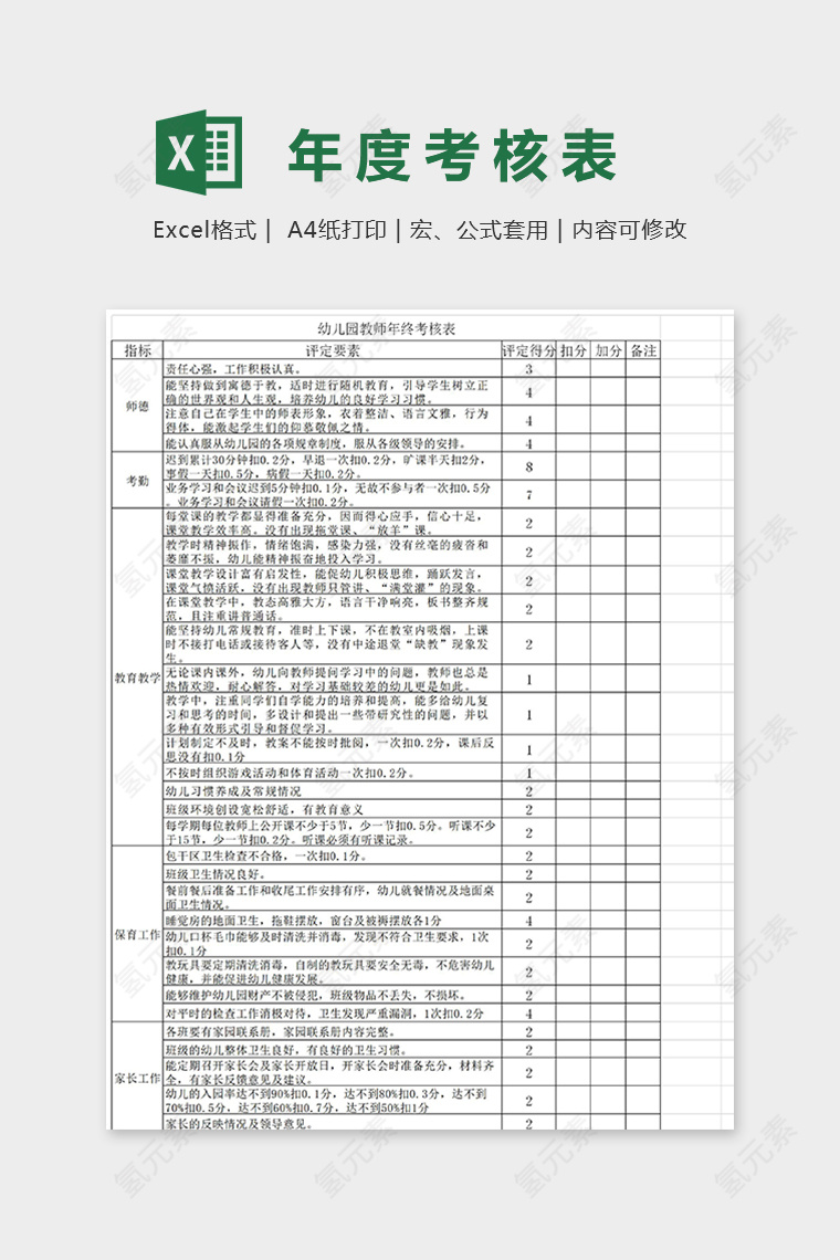 幼儿园专业幼儿教师年度考核表excel模板