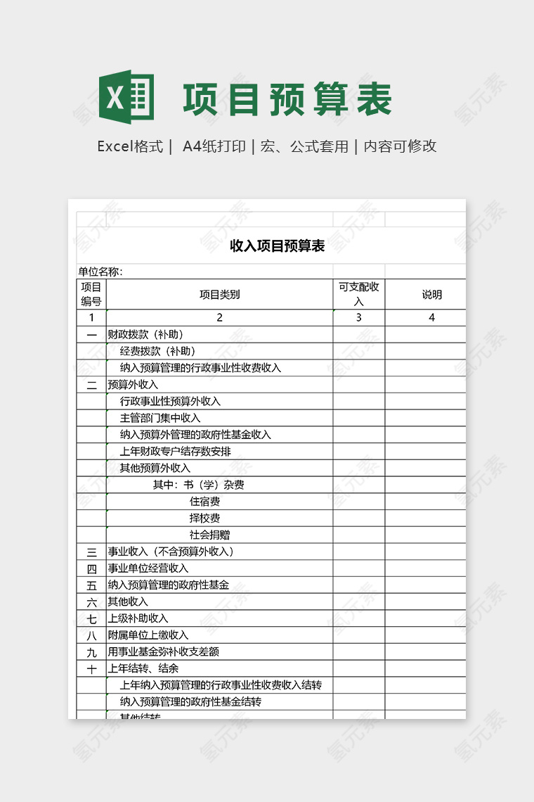 公司收入项目预算明细表excel模板