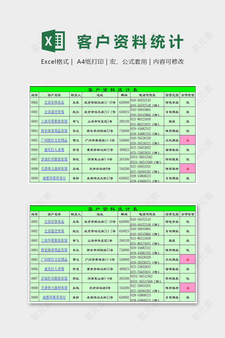 高级企业客户资料统计表excel模板