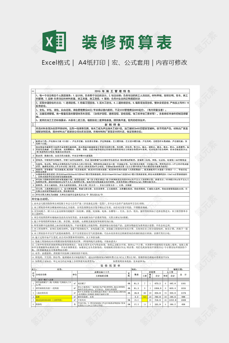 94平米家庭装修预算表模版