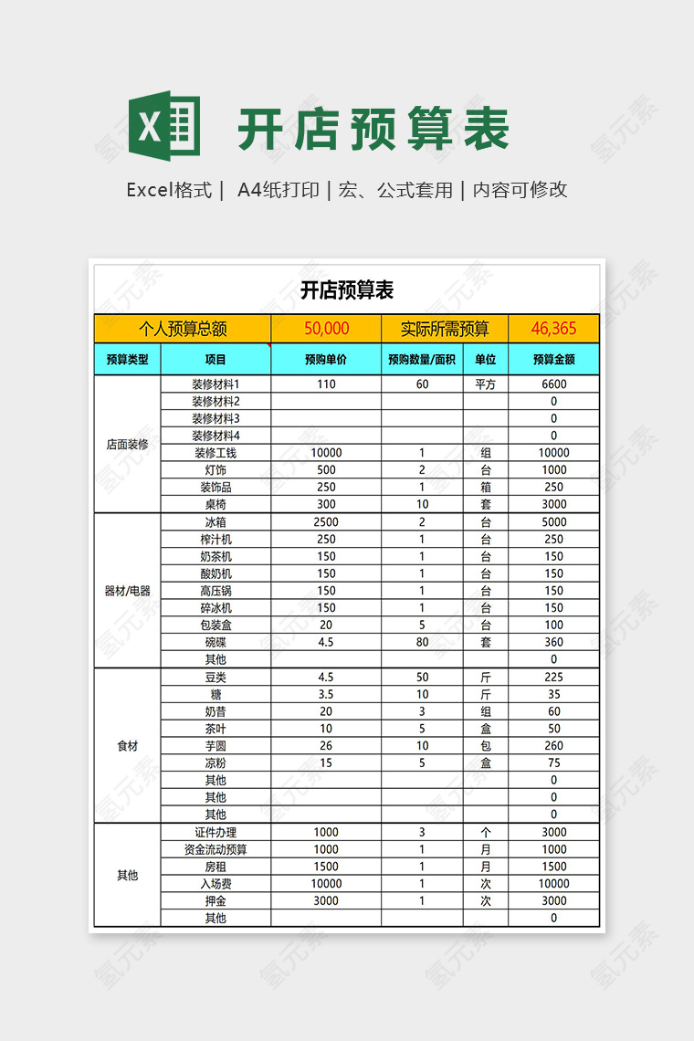 简约开店预算表Excel表格模板