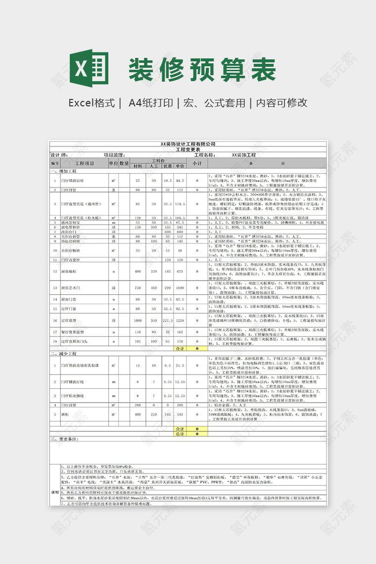 精美大方简单装修工程预算报价表Excel