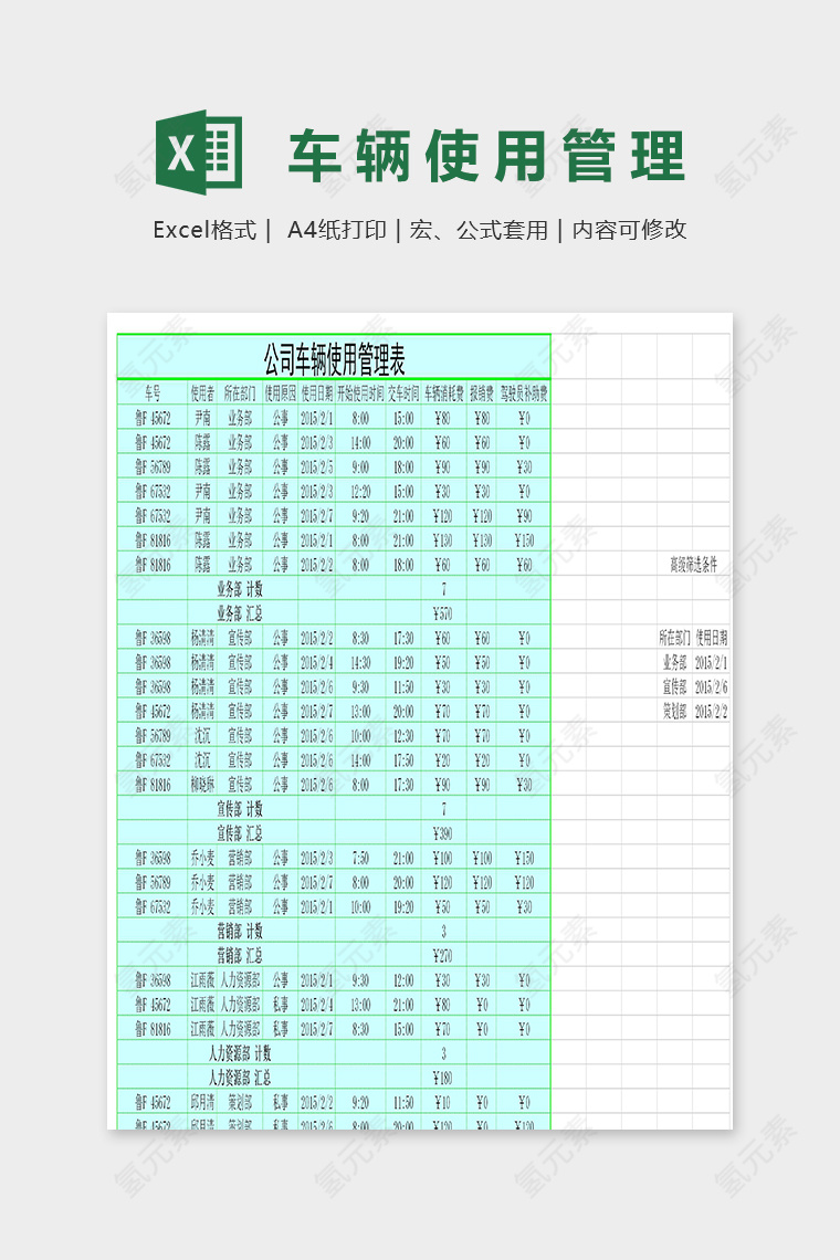 专业公司车辆使用管理表excel模板