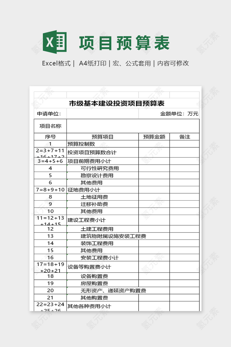 市级基本建设投资项目预算表excel模板