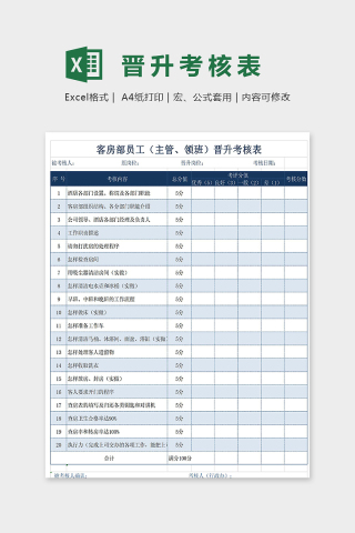 酒店前厅客房主管晋升考核表excel模板