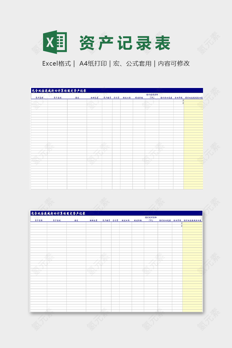 包含双倍递减折旧计算的固定资产记录