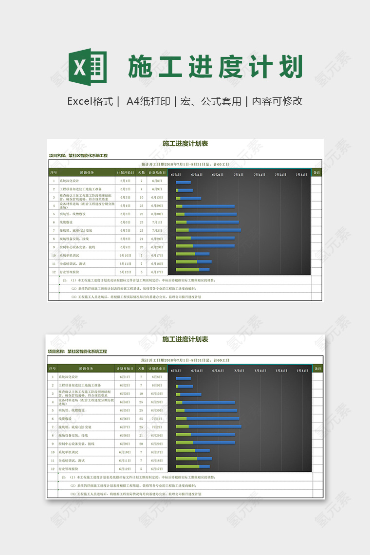 商务风格黑色系统工程施工进度计划表excel模板