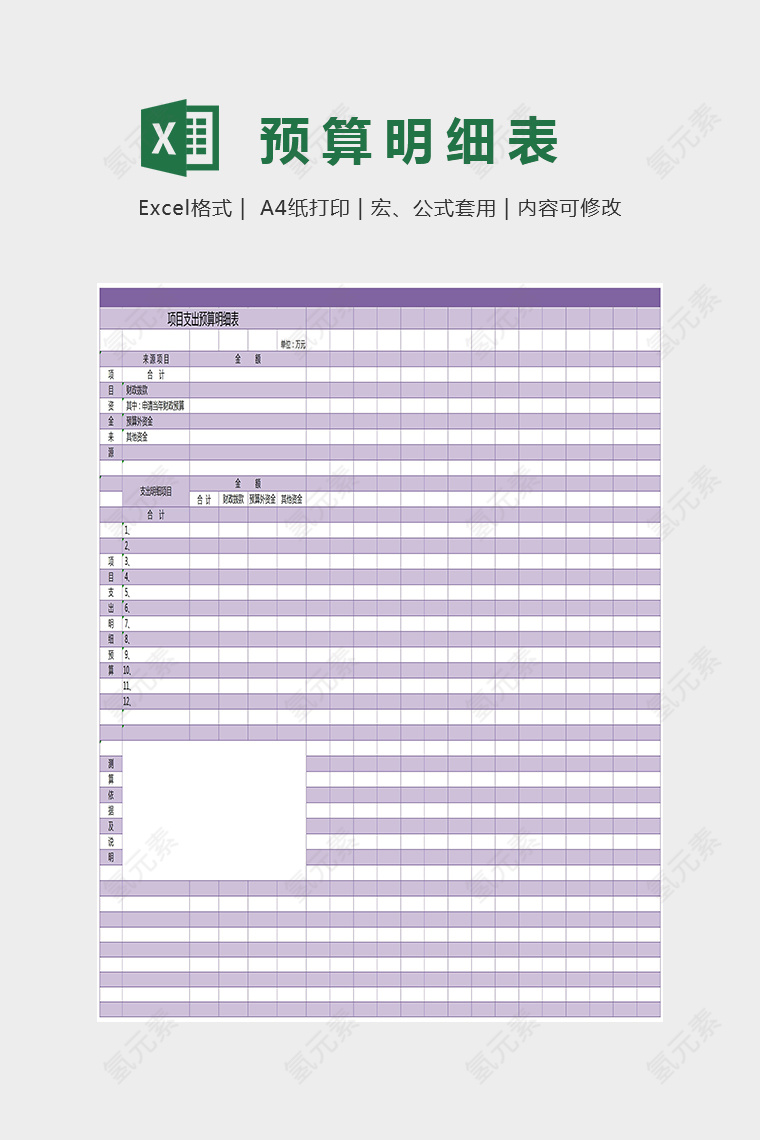 项目支出预算明细表excel模板