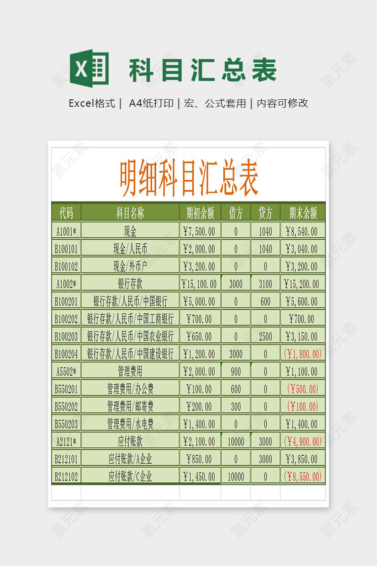 简单双色明细科目汇总表Excel