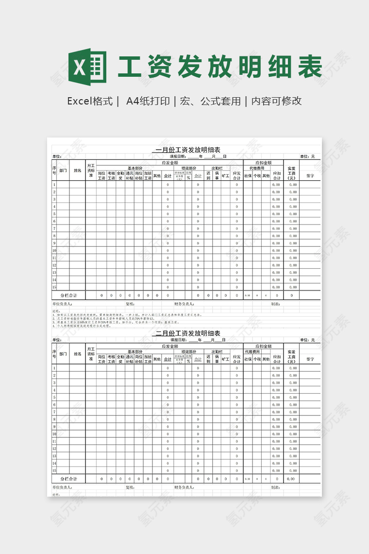 公司月份工资发放明细表excel模版