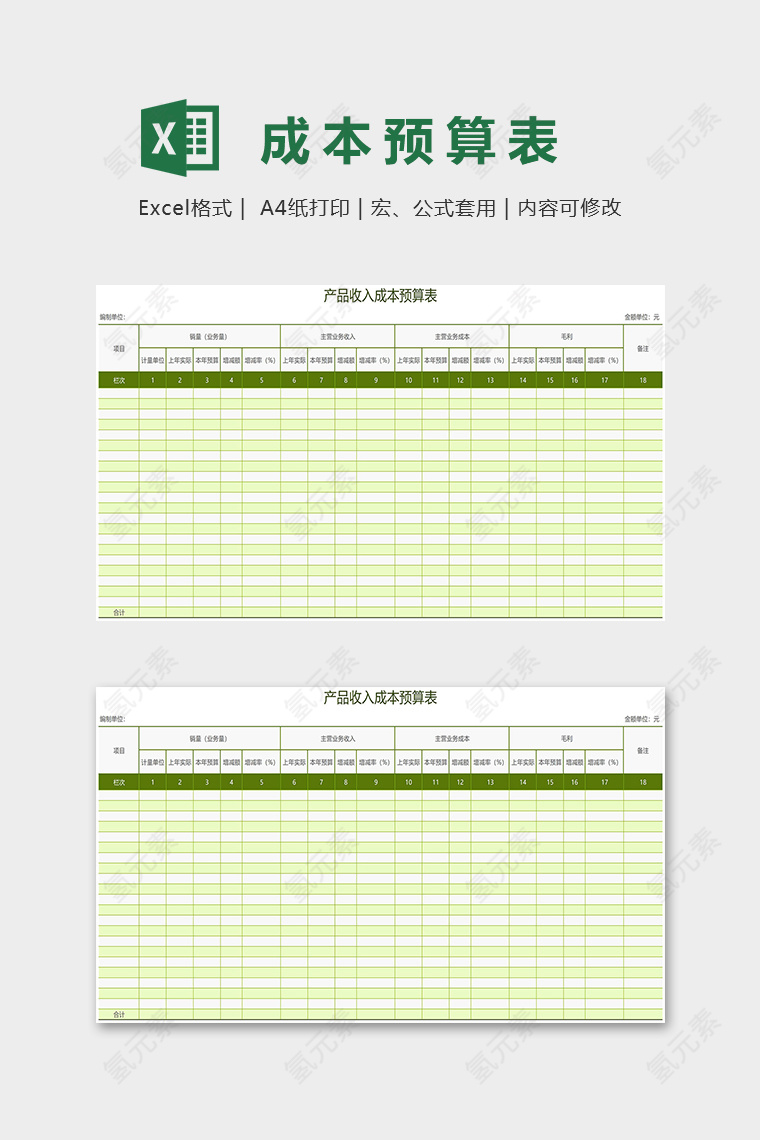 产品收入成本预算表excel模板