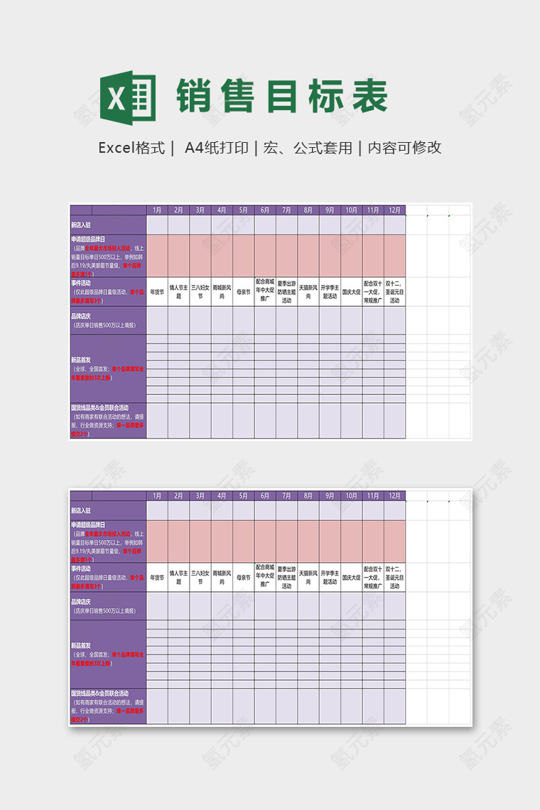 年度销售目标营销节奏表excel模板