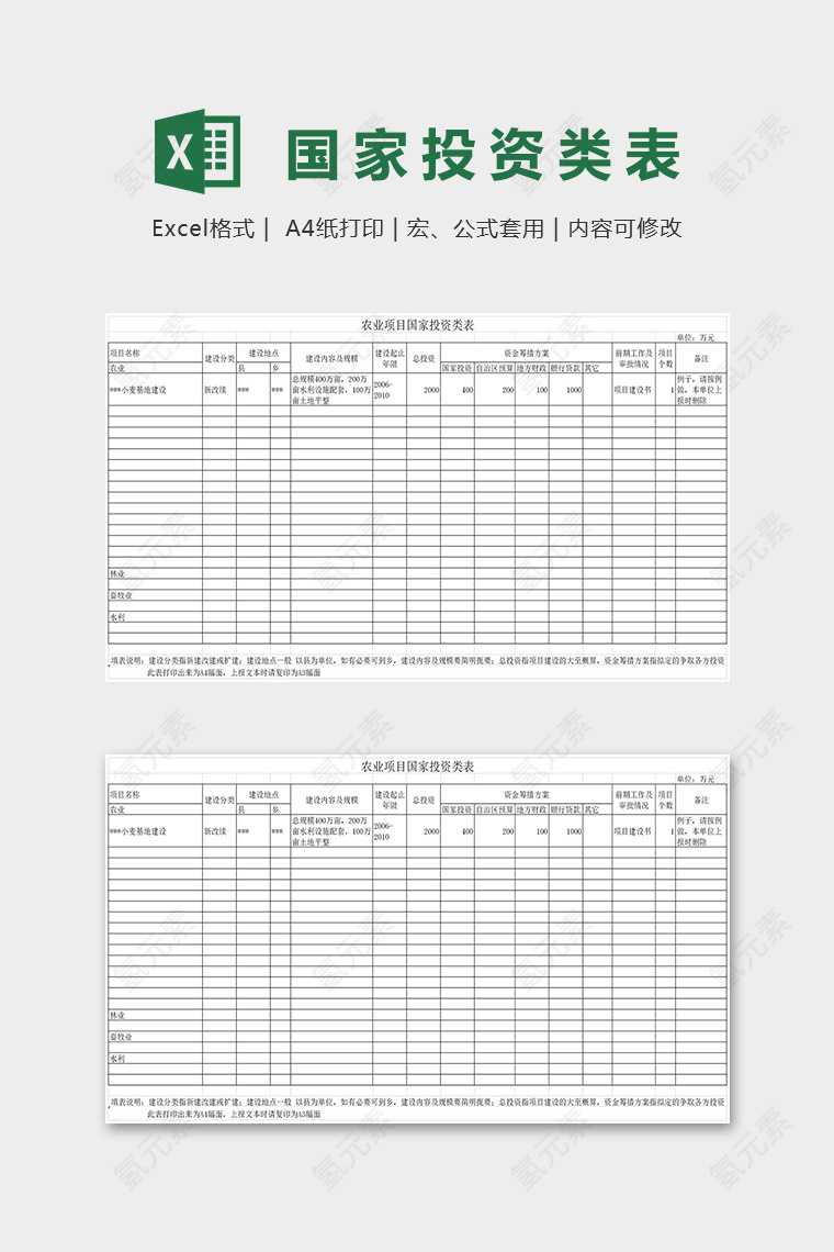 农业项目国家投资类表excel模板