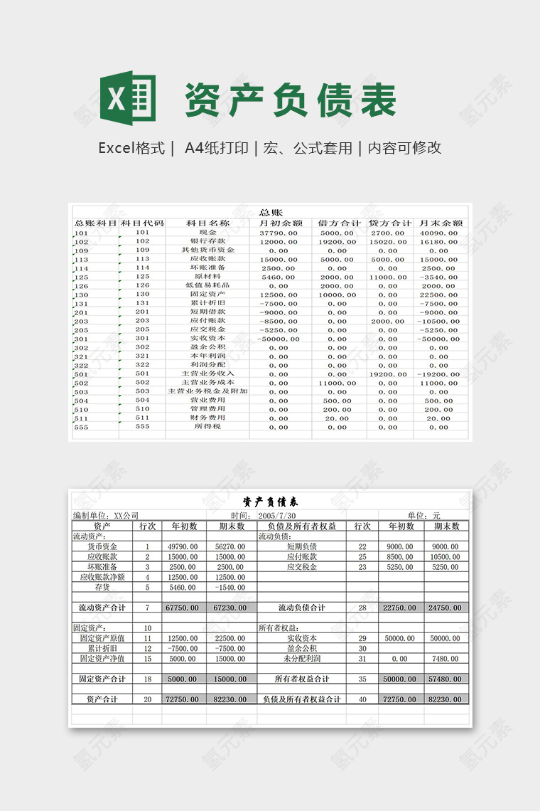 专业高端公司资产负债表excel模板