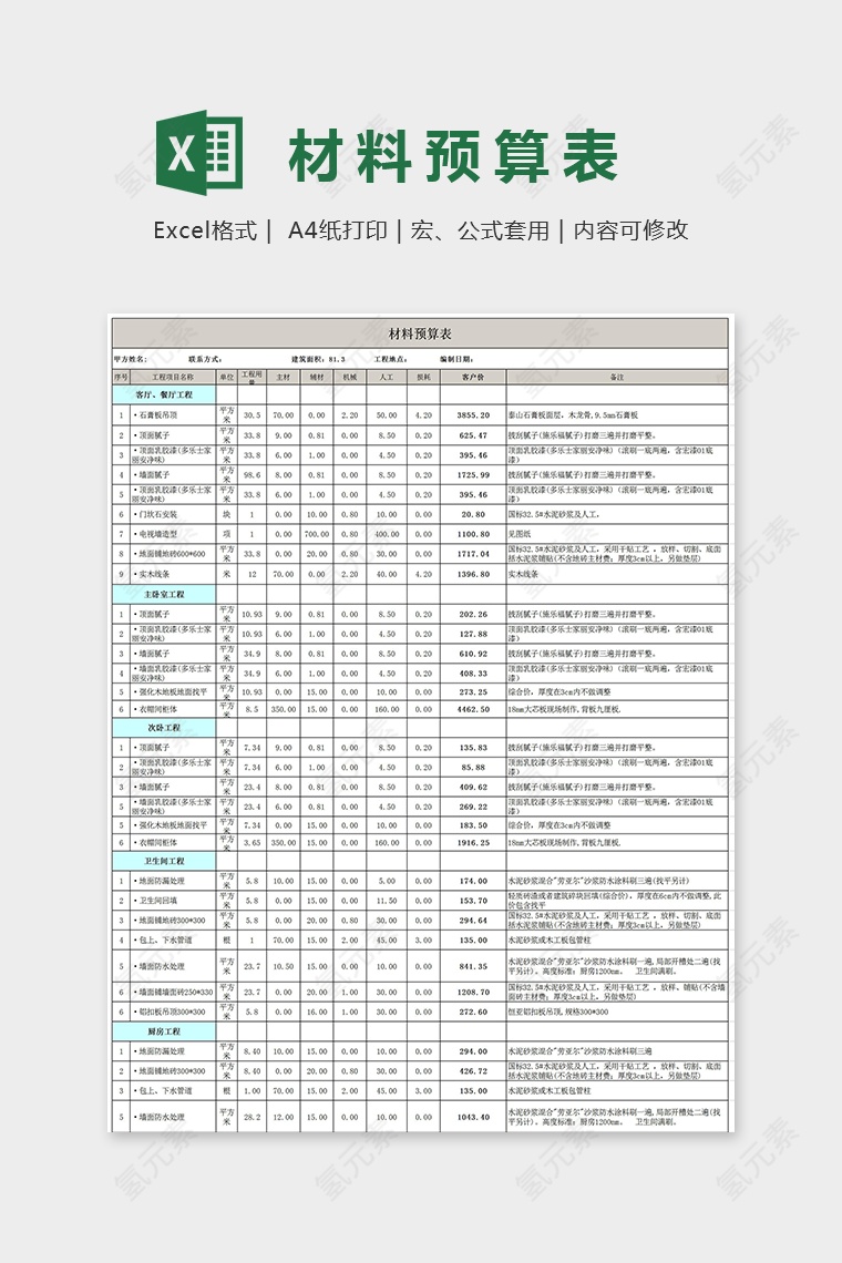 两室一厅一厨一卫财务明细表Excel