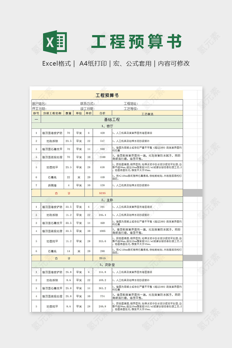 高端装修工程预算书模版