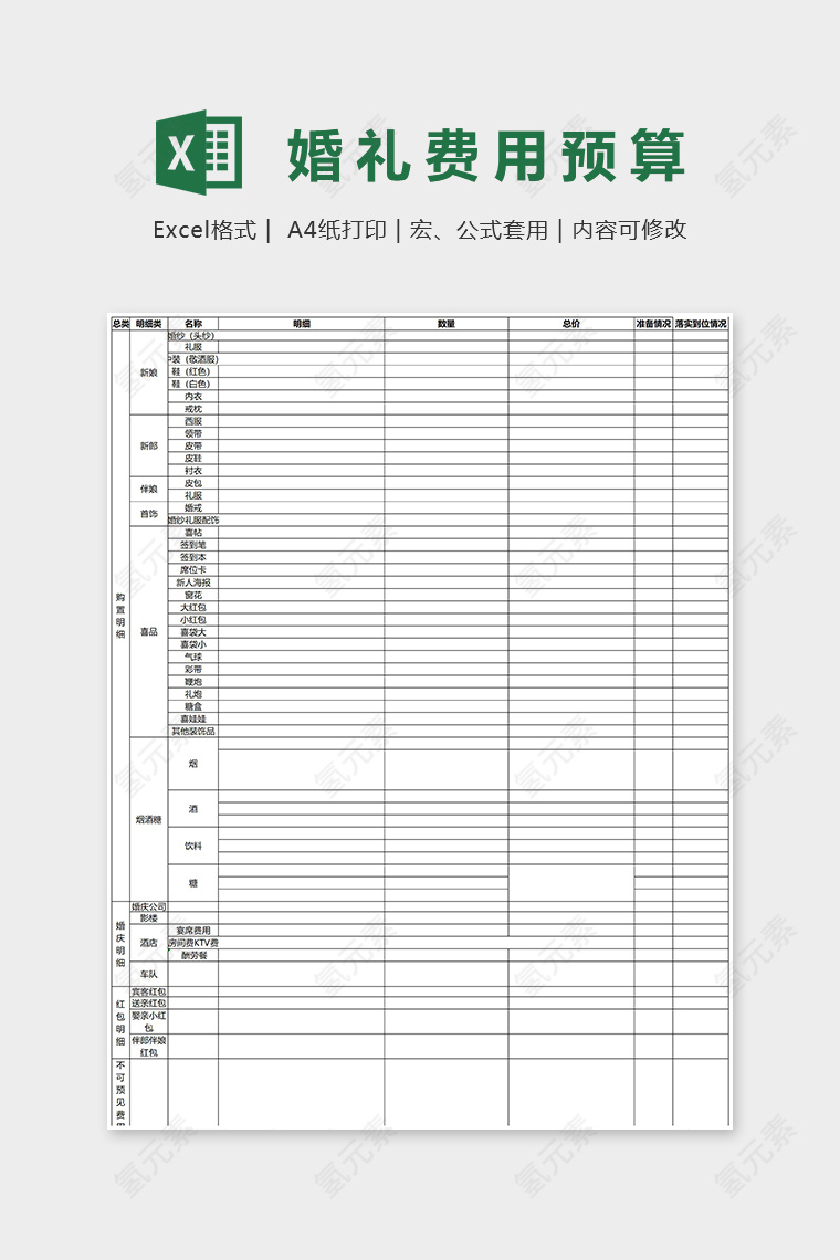 婚礼费用预算Excel表格模板